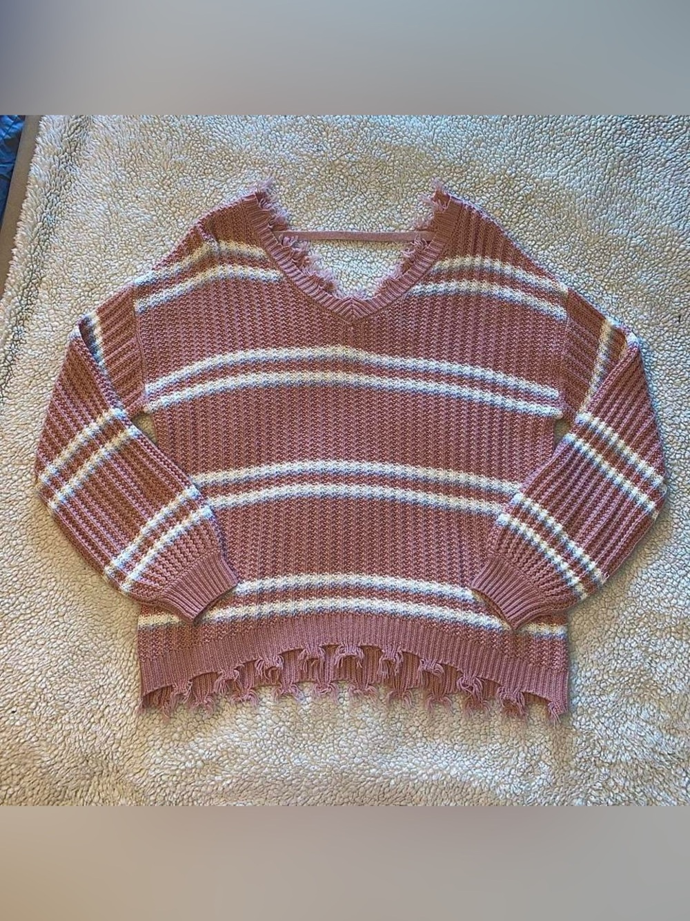 Womens Dusty Rose Striped V-Neck Distressed Sweater